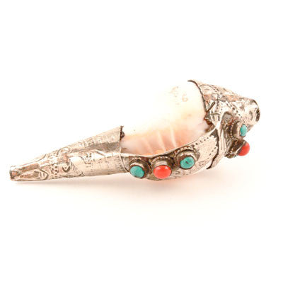Conch Shell Horn with White Metal and Glass Beads