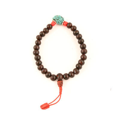 Wrist Mala- Red Wood with Turquoise and Glass Bead