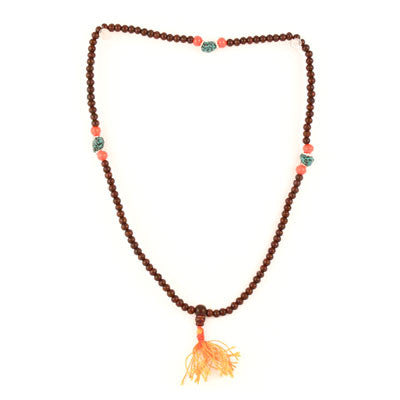 Mala- Red Wood on Elastic Cord Medium with Turquoise and Glass Bead