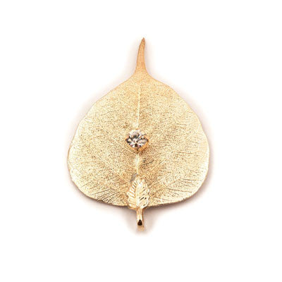 24K Gold Plated Real Bodhi Leaf Broach/Pendant with 7mm CZ Stone