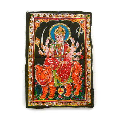Durga on Tiger- Fabric Wall Hanging with Sequins