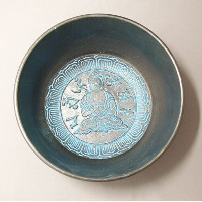 Alloy Bowl with Stick- Buddha Surrounded by Lotus- Blue Tint- Small