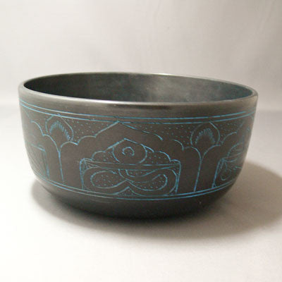 Alloy Bowl with Stick- Buddha Surrounded by Lotus- Blue Tint- Medium