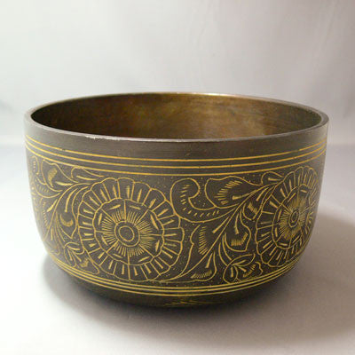 Alloy Bowl with Stick- Buddha- Floral Band- Yellow Tint- Large