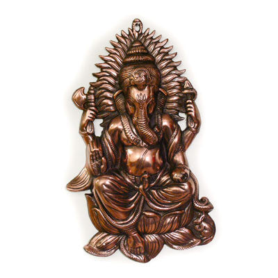 Copper Wall Hanging- Large Ganesh in Lotus Throne with Rays at Head