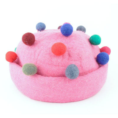 Felt Hat with Balls and Folded Edge- Pink