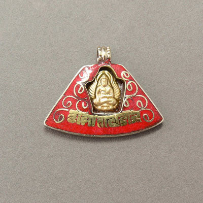 Buddha Pendant- White Metal with Crushed Stone Inlay- Coral