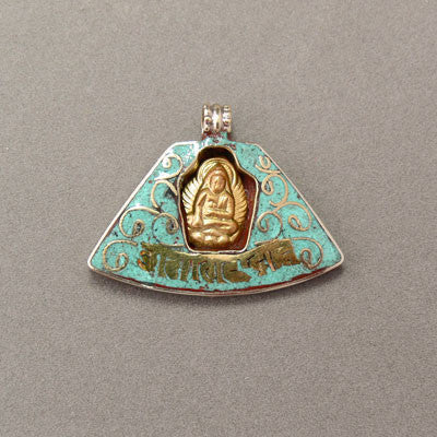 Buddha Pendant- White Metal with Crushed Stone Inlay- Turquoise